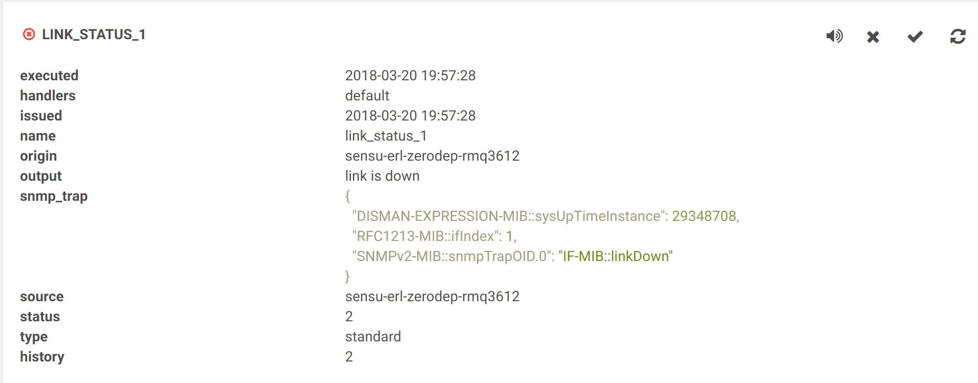 Sensu Enterprise Dashboard confirmation of SNMP link down, in detail