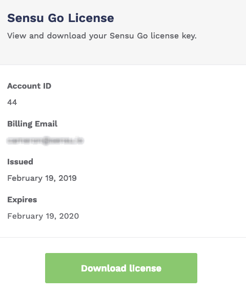 Screenshot of Sensu account license download