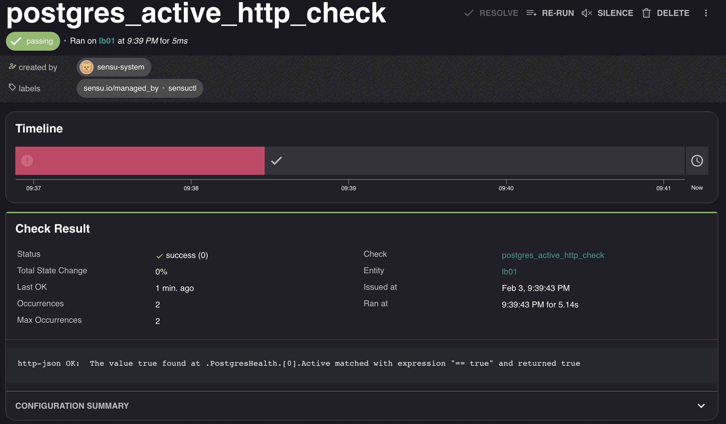 Screenshot of Sensu Web UI shows a passing PostgreSQL active check