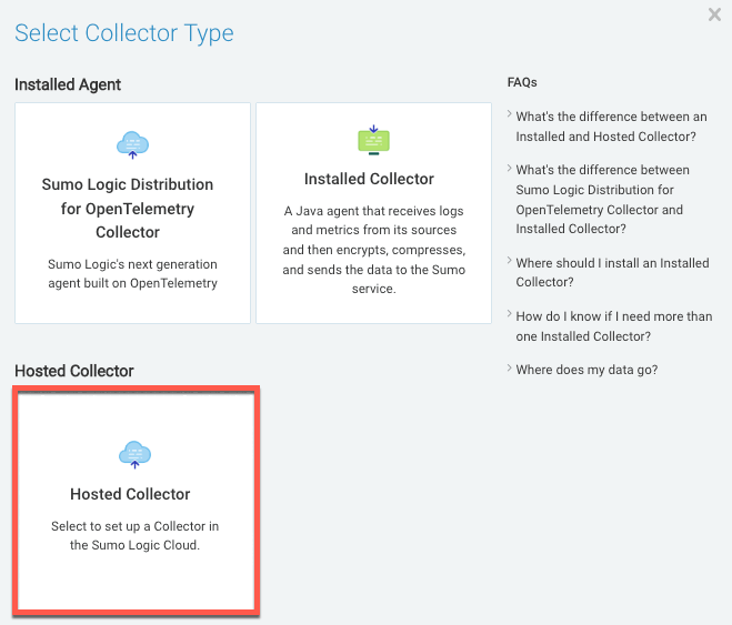 Select the hosted collector option