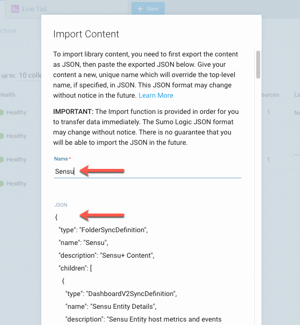 Import Content modal window for dashboards