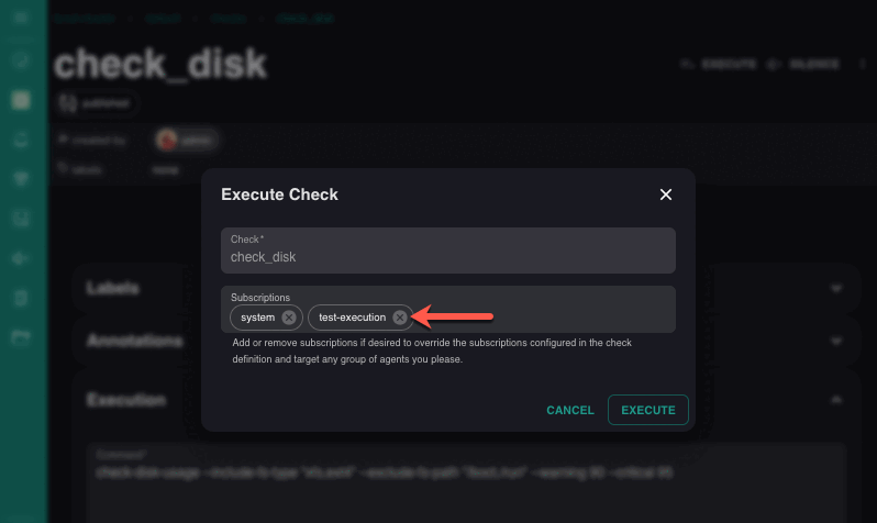 Execute Check dialog window for executing a check on demand from the web UI